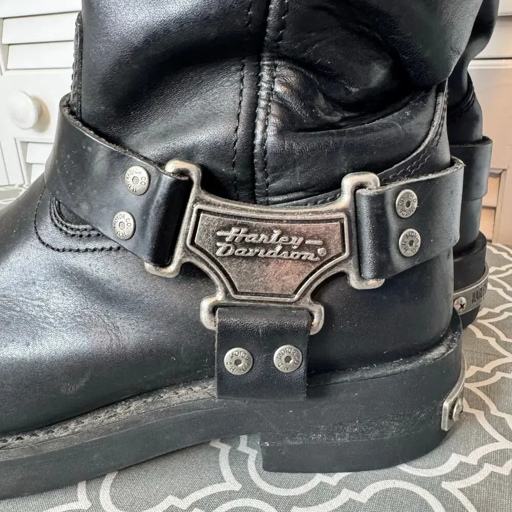 Harley-Davidson Harness Motorcycle Boots Black Leather Mens Size 10 Biker Logo
